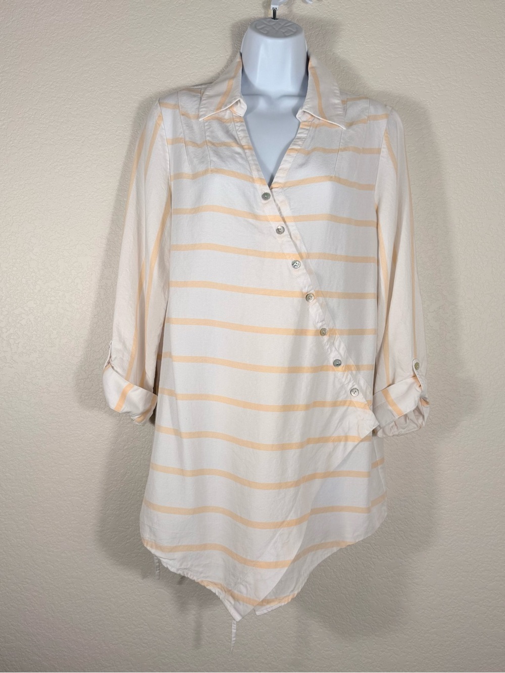 Soft Surroundings White and Peach Striped Button-Up